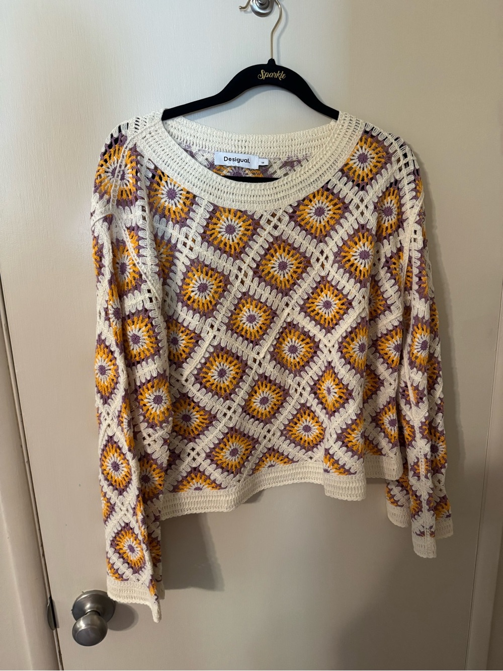 Desigual Cream Crochet Crewneck Sweater with Yellow and Purple Motifs